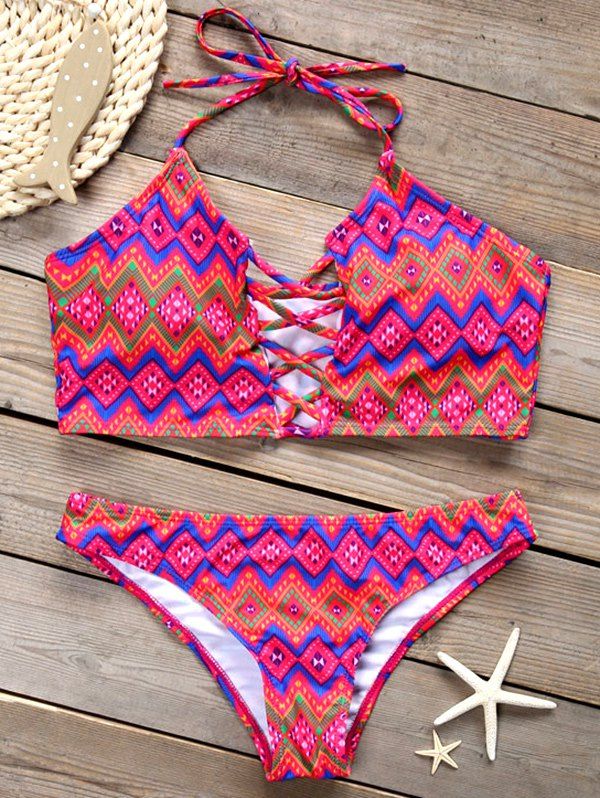 

Criss Cross Wave Print Bikini Set, Colormix