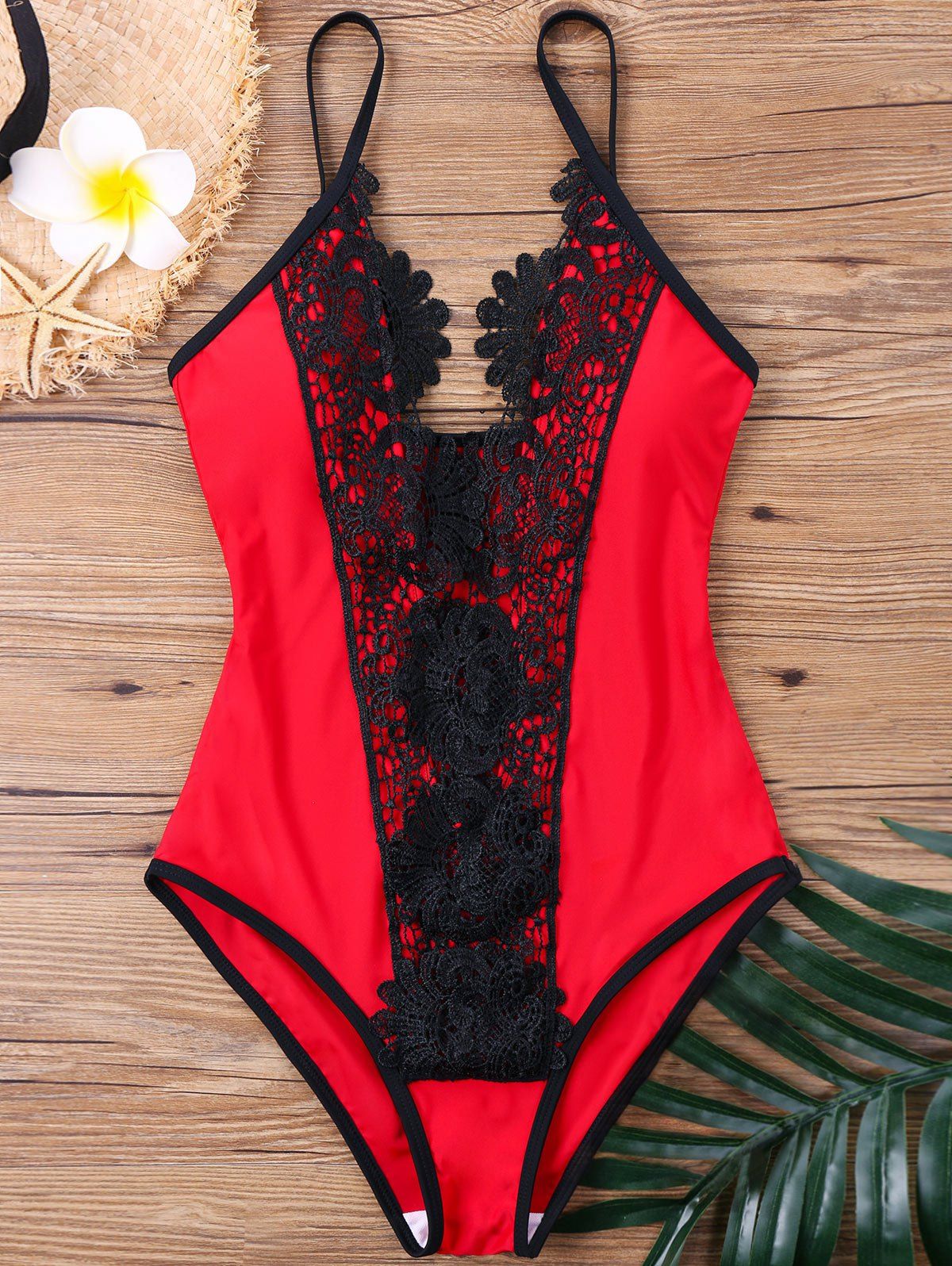 

Lace Panel One Piece Spaghetti Strap Swimwear, Red