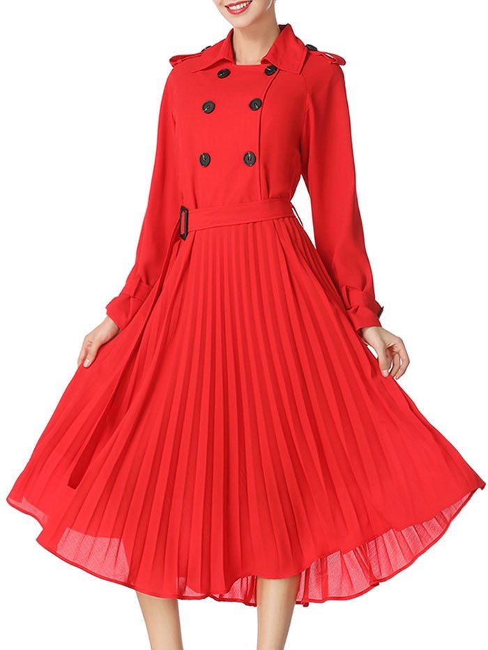 

Double Breasted Pleated Midi Dress, Red