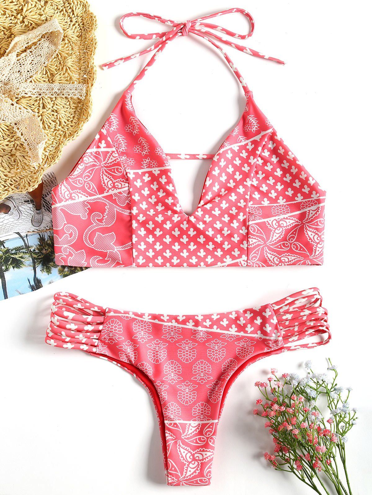

Printed Bralette Bikini Set, Orangepink