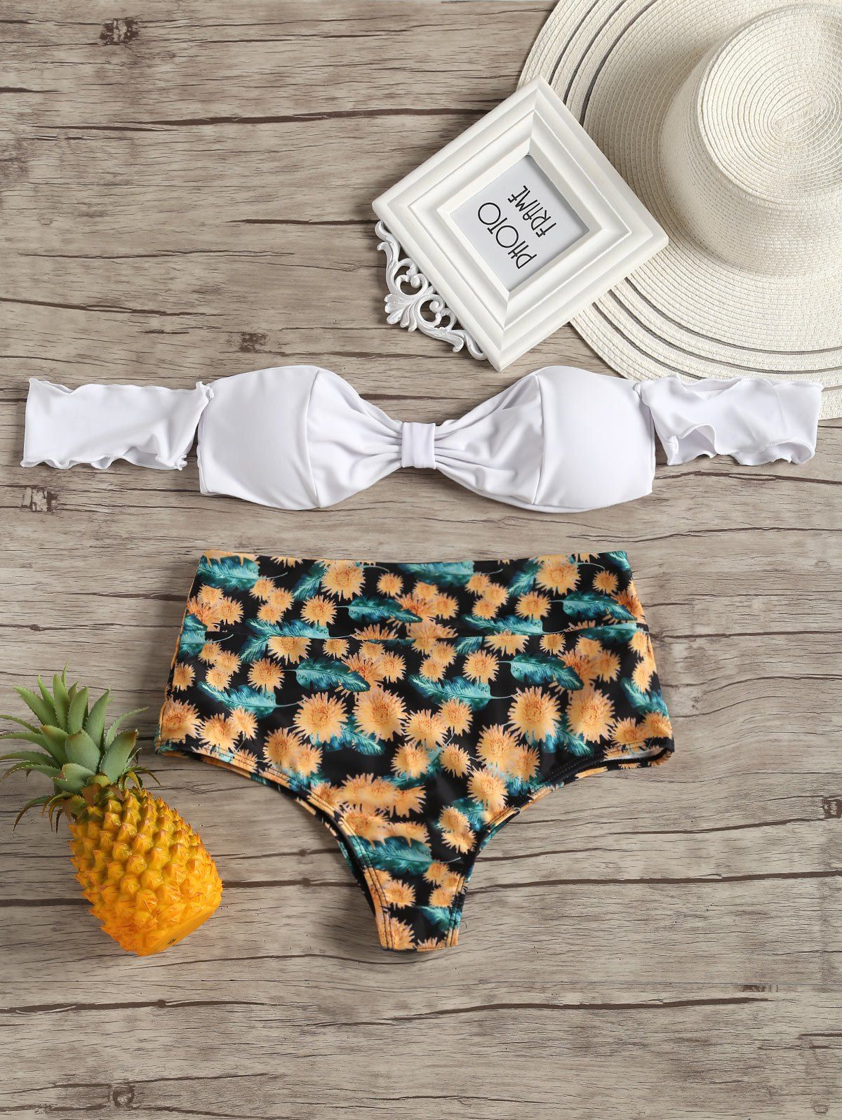 

Contrast Floral Bandeau Bikini Set, White