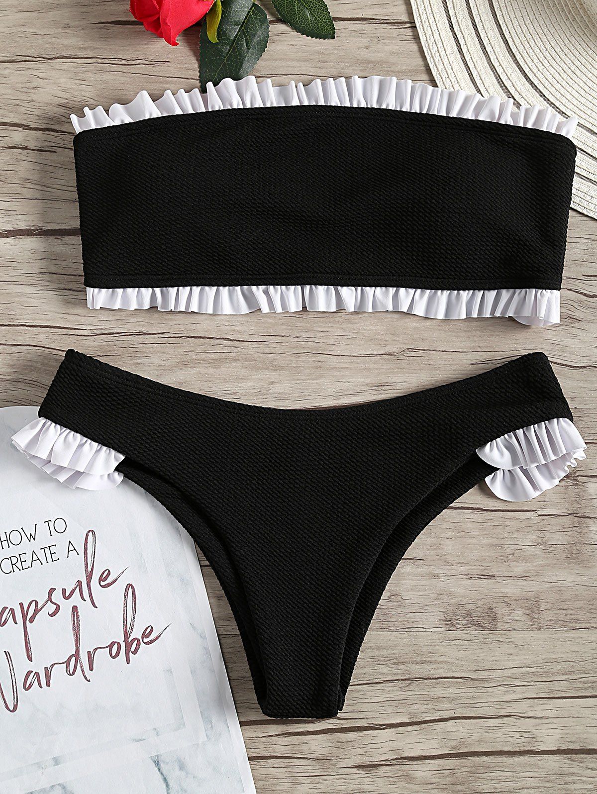 

High Leg Frilled Trim Bandeau Bikini, Black