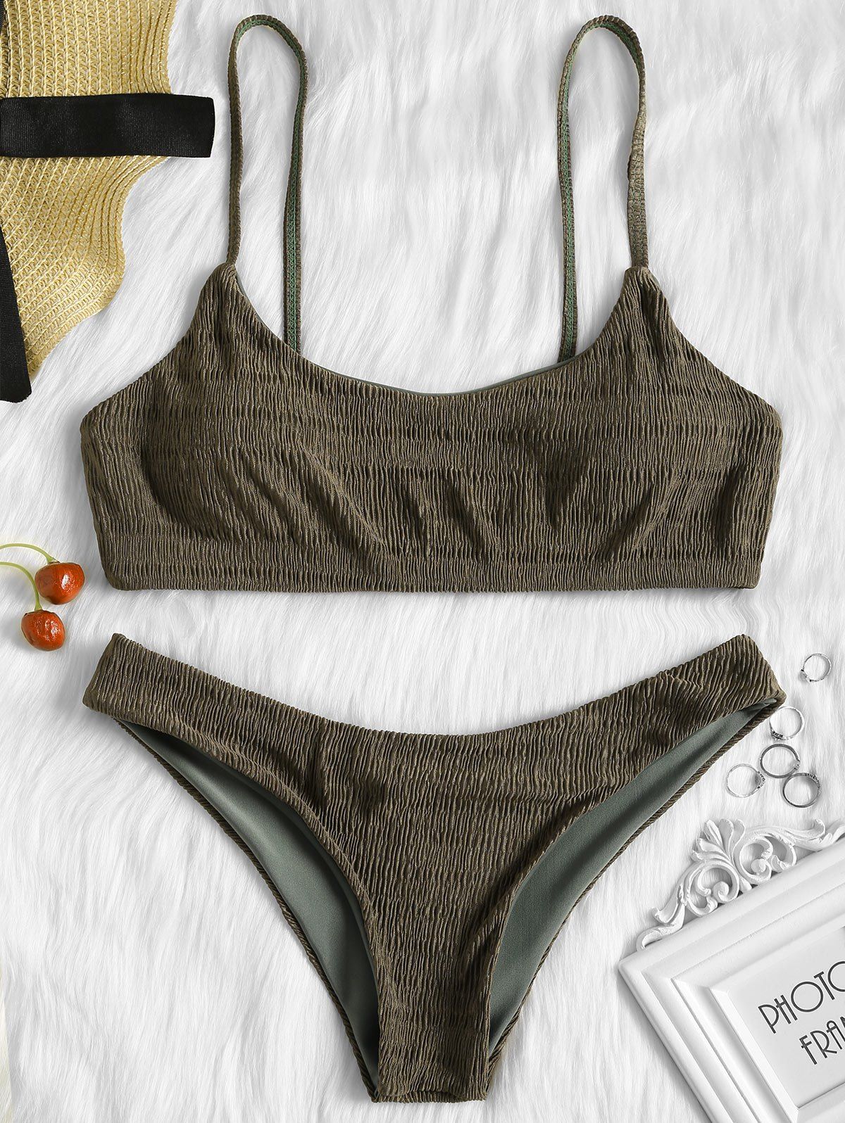 

Spaghetti Strap Smocked Bikini Set, Army green