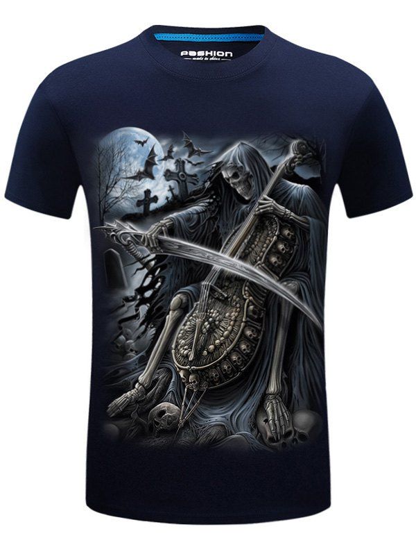 

Crew Neck Cello Skeleton Print Tee, Purplish blue