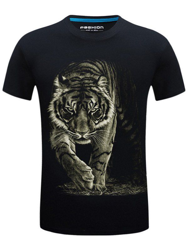 

Crew Neck Tiger Print Basic T-shirt, Black