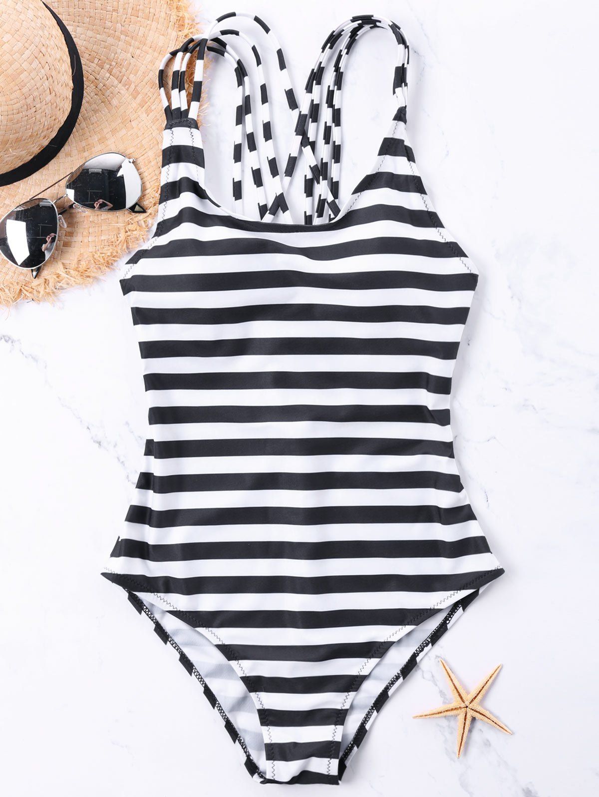 

Strappy Back One Piece Stripe Swimwear, Black stripe