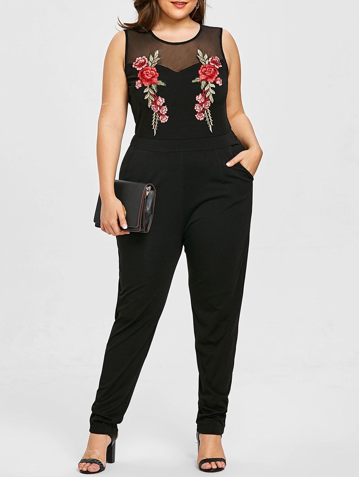 

Plus Size Sleeveless Mesh Yoke Embroidery Jumpsuit, Black