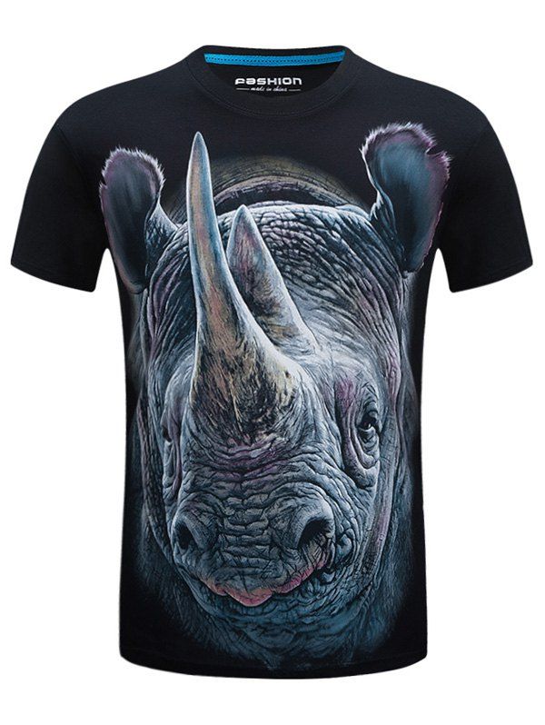 

Crew Neck Rhinoceros Face Print Funny T-shirt, Black