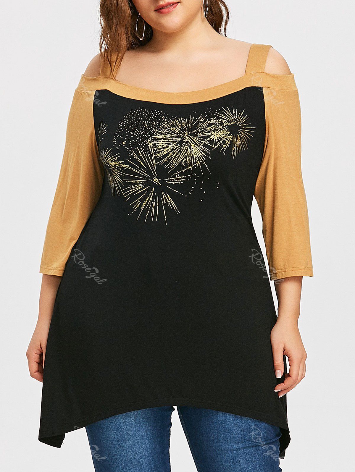 

Plus Size Open Shoulder Crescent Hem T-shirt, Black and orange