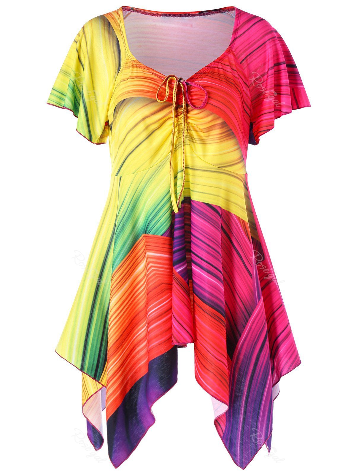 

Plus Size V Neck Rainbow Handkerchief T-shirt, Colormix