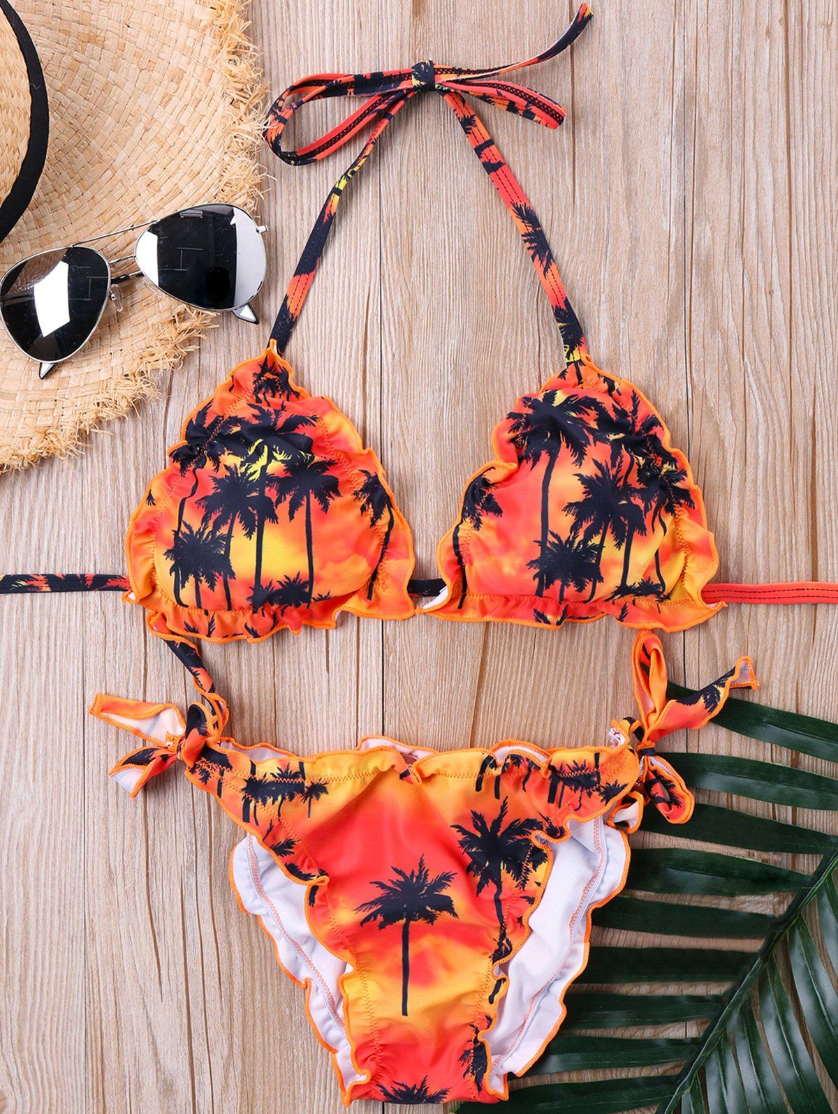 

Tie Side Palm Lettuce Bikini Set, Jacinth