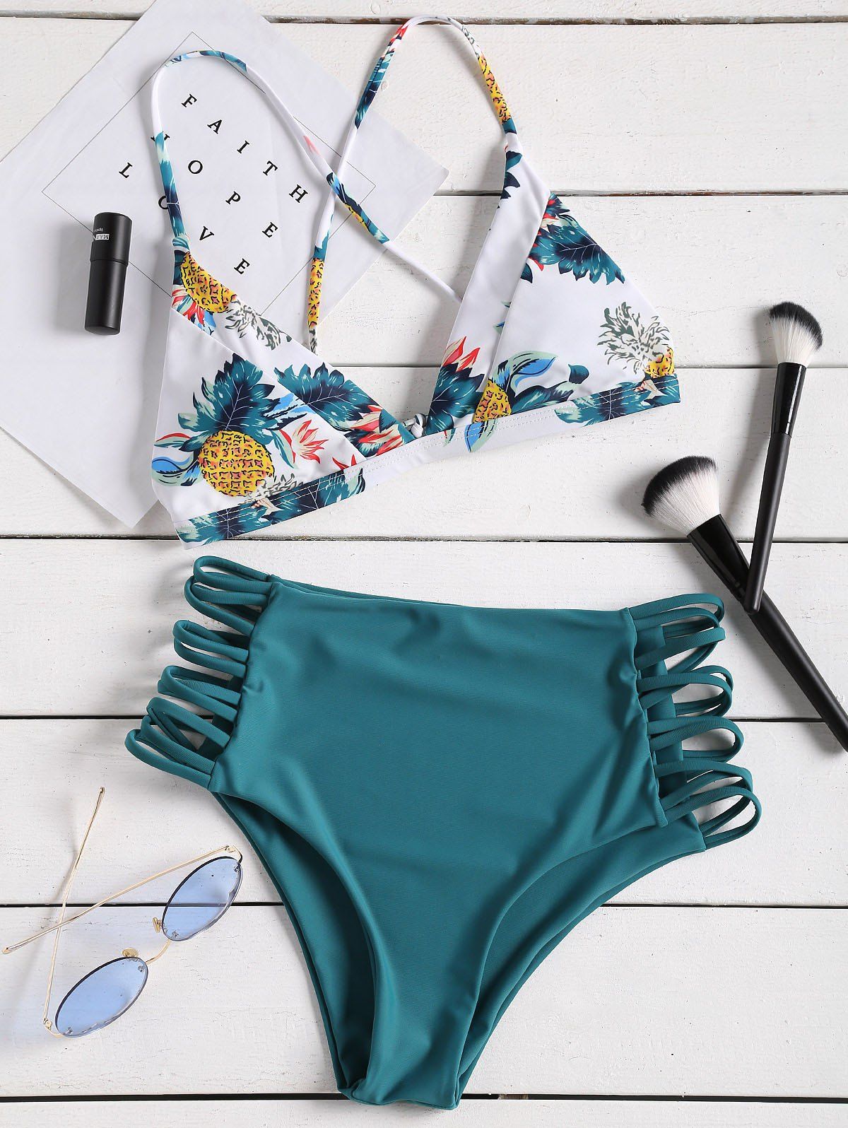 

Pineapple Print Strappy High Rise Bikini Set, Peacock blue