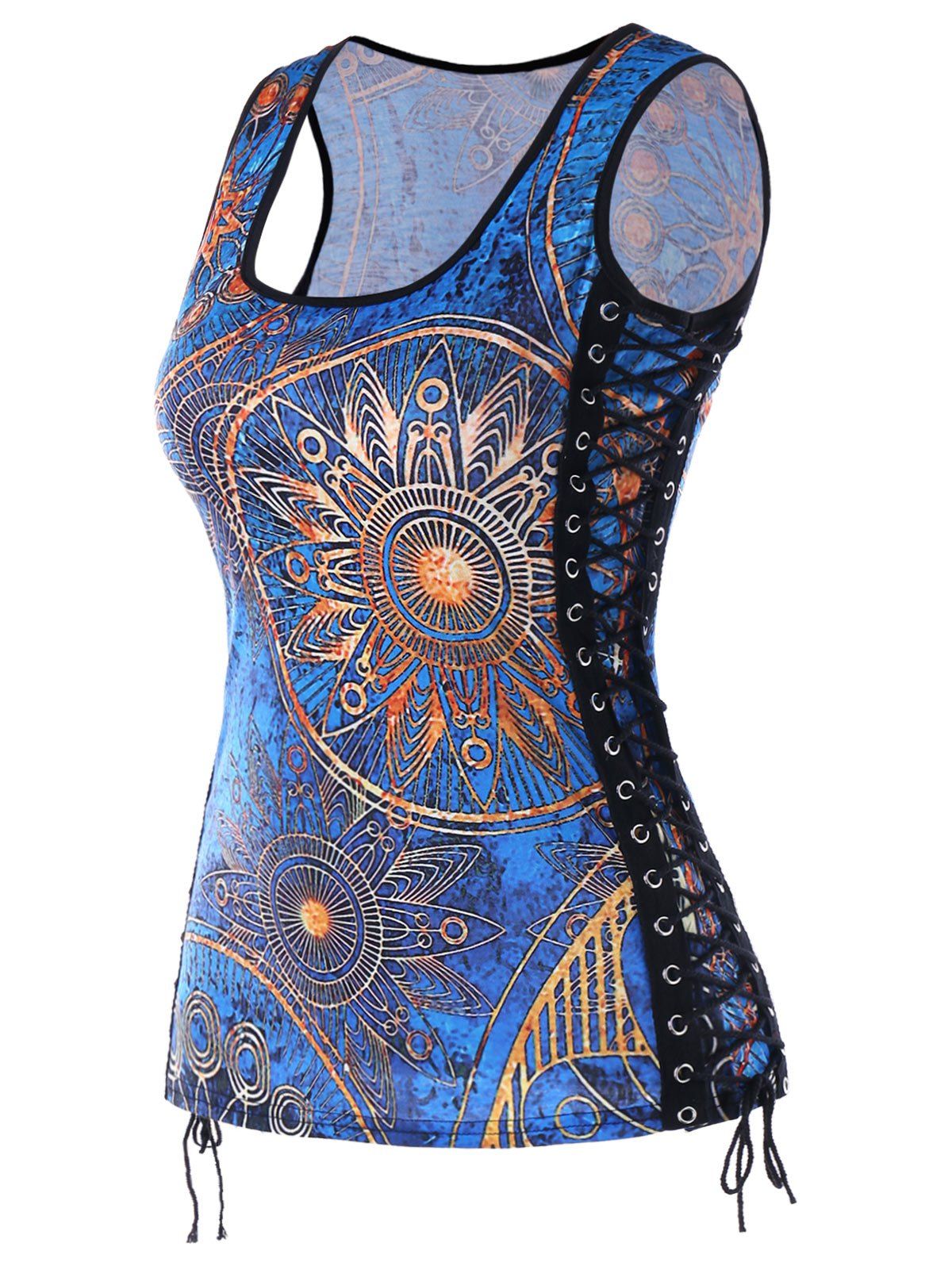 

Mandala Lace Up U Neck Tank Top, Blue