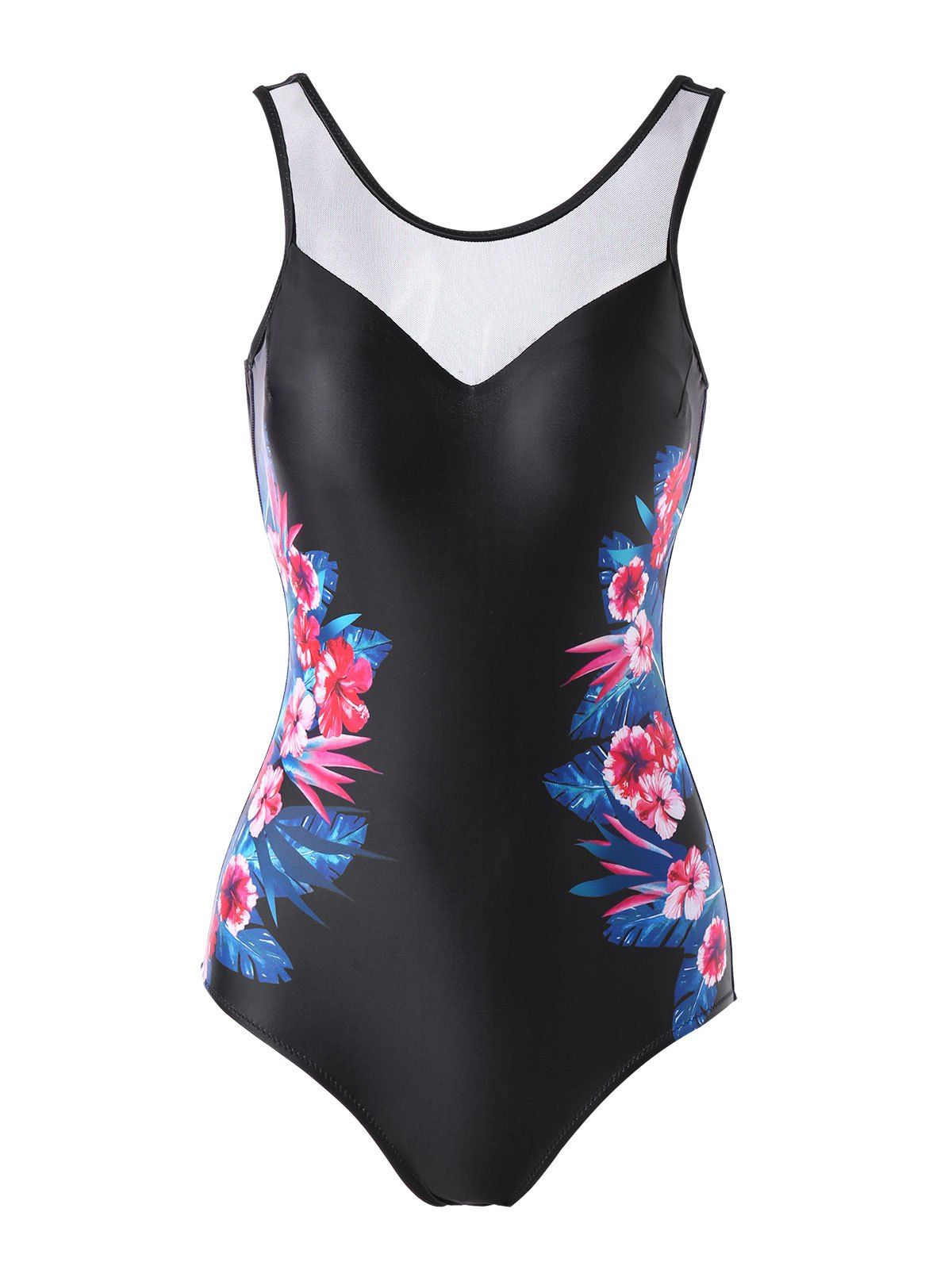 

Flower Print Backless One-piece Swimsuit, Black