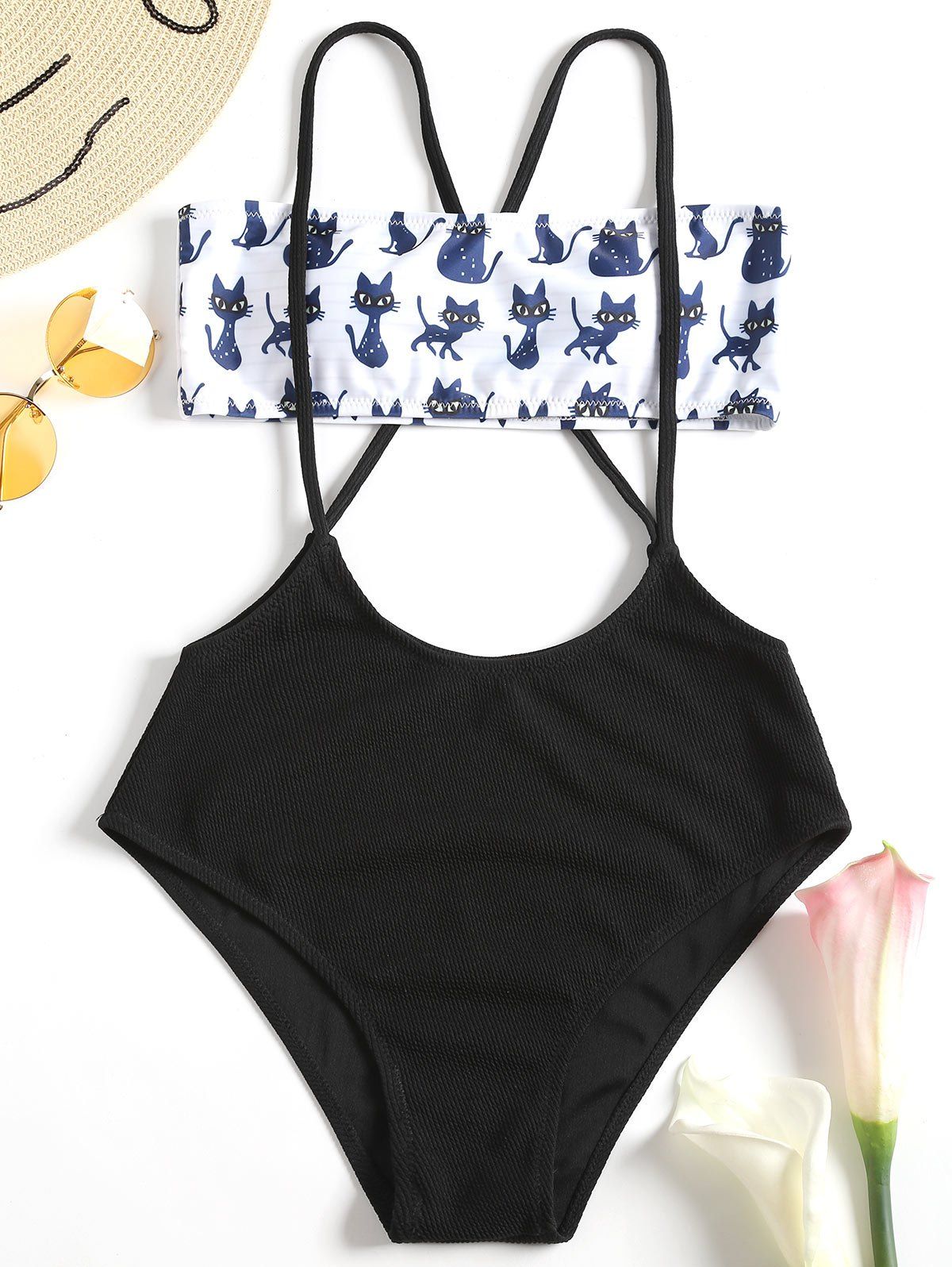 

High Leg Cat Pattern Bikini Set, Black