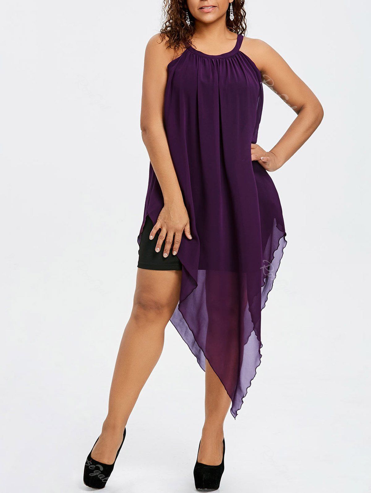 Plus Size Sleeveless Asymmetric Flowing Dress, Purple