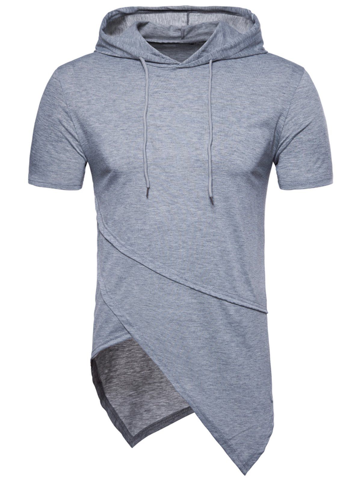 

Solid Color Asymmetrical Short Sleeve Hooded T-shirt, Light gray