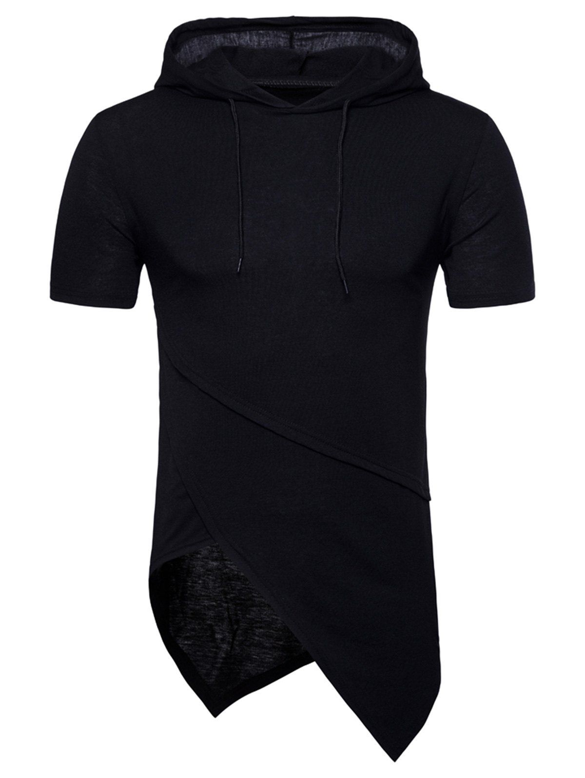 

Solid Color Asymmetrical Short Sleeve Hooded T-shirt, Black