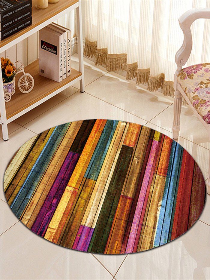 

Wooden Grain Printed Round Flannel Floor Rug, Colorful