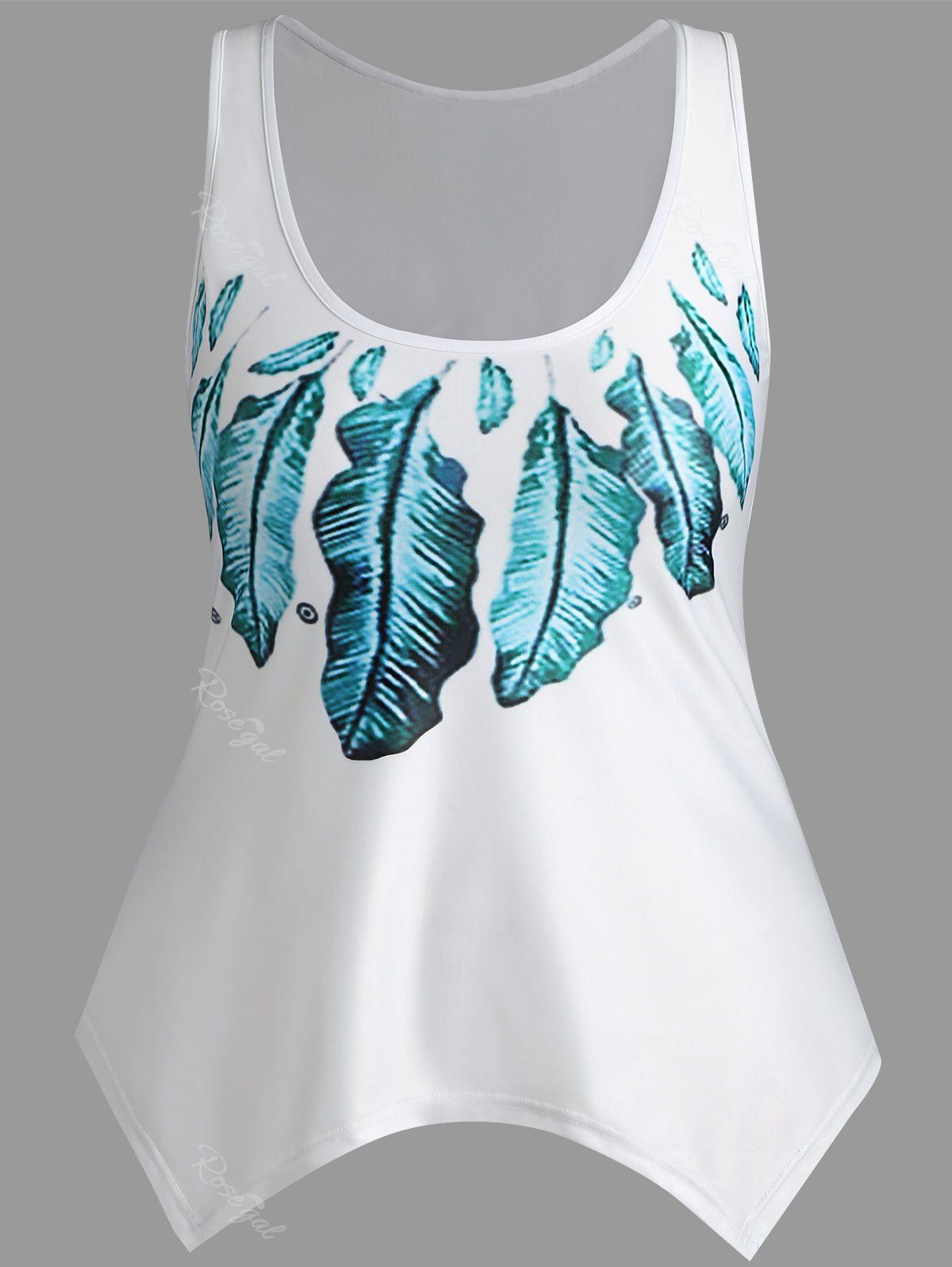 

Plus Size Feather Print Hanky Hem Tank Top, Green