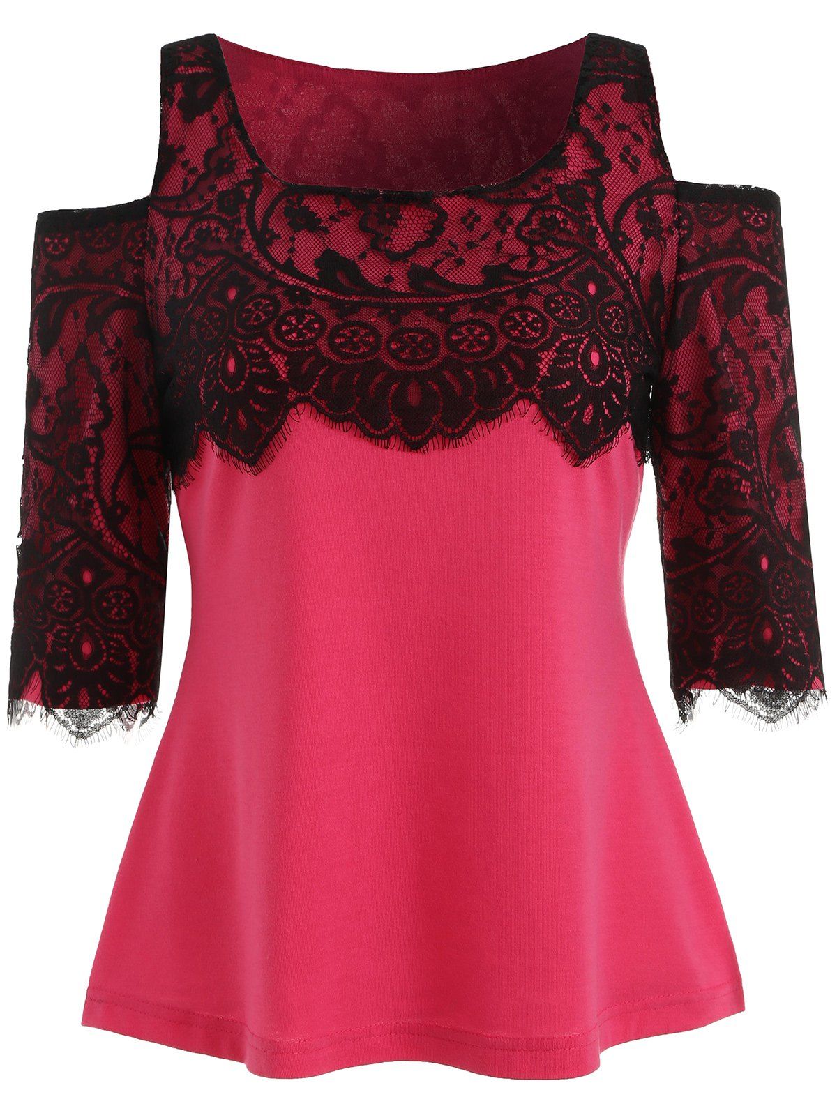 

Lace Trim Cold Shoulder T-shirt, Papaya
