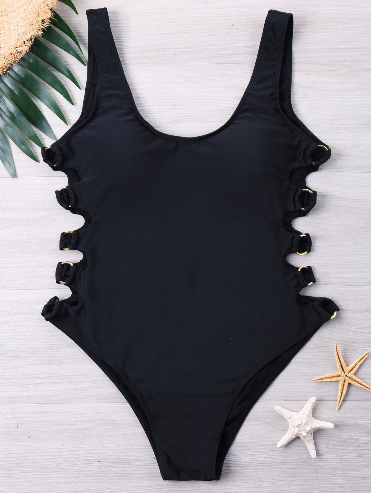 

Grommet Side One Piece Backless Swimwear, Black