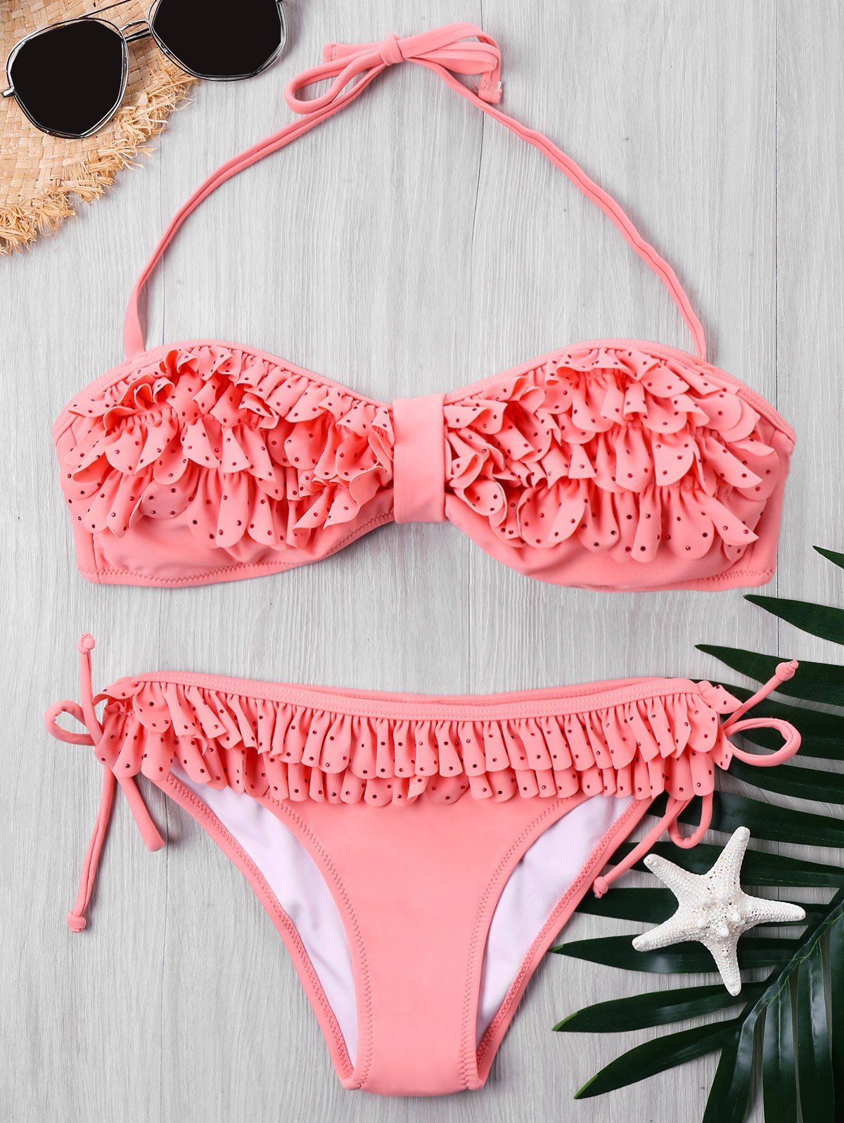 

Halter Rhinestone Ruffles Bikini, Light pink