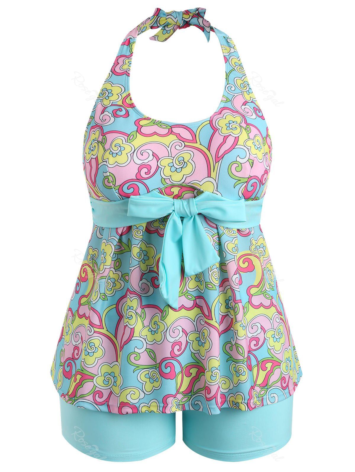 

Plus Size Flower Print Halter Tankini Set, Lake blue