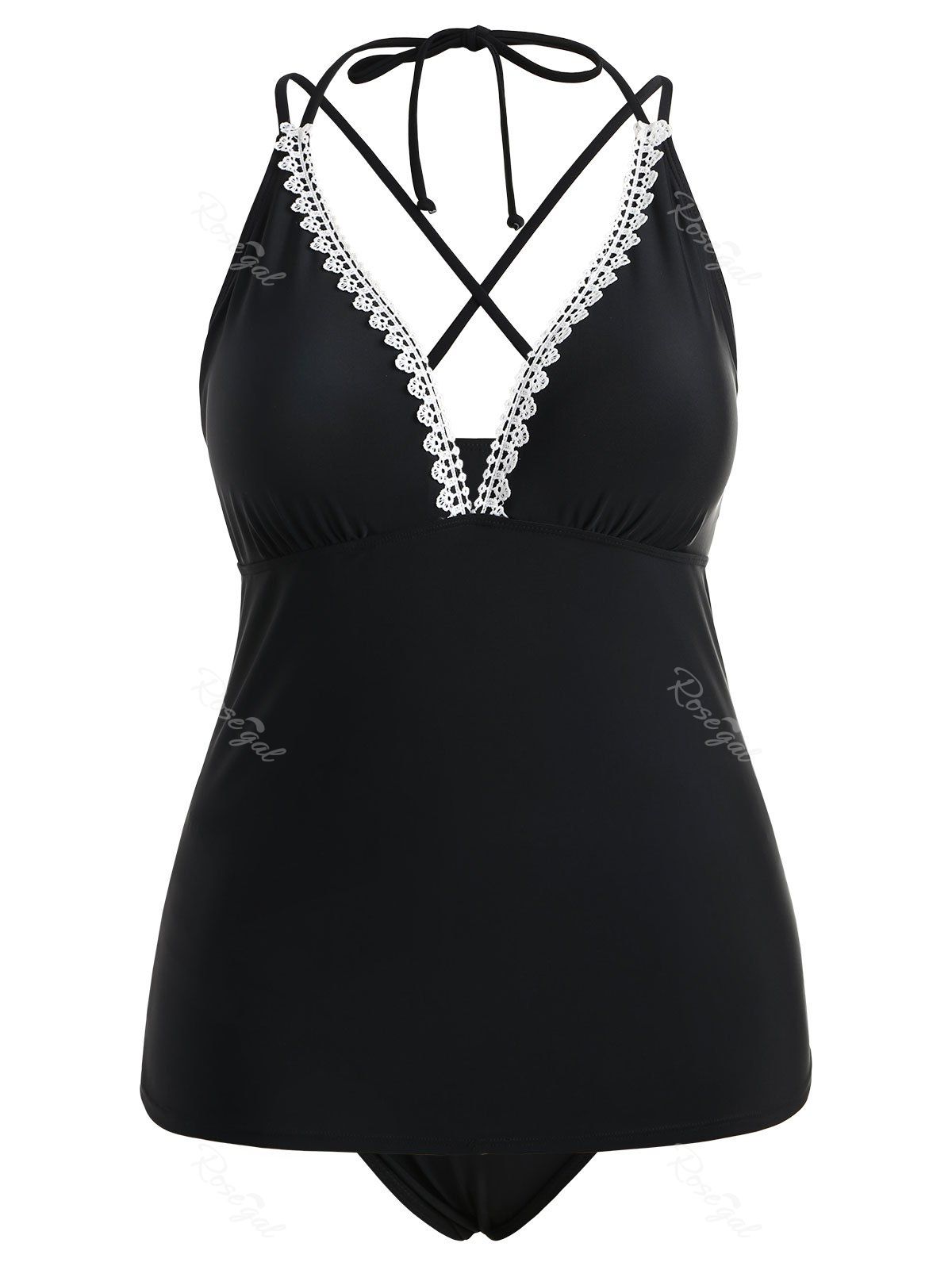 

Plus Size Laciness Strappy Tankini Set, Black