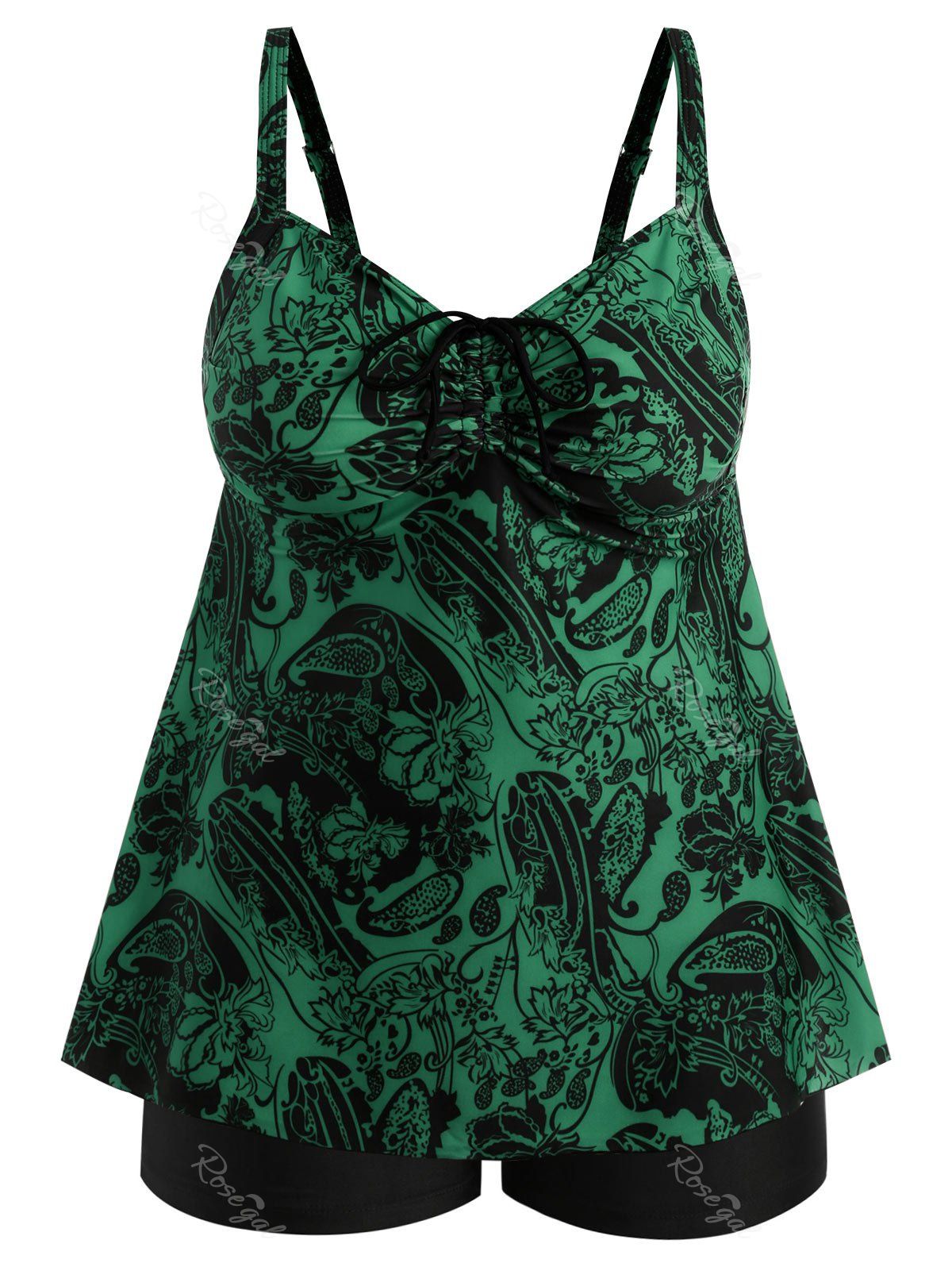 

Plus Size Paisley Flower Print Tankini Set, Green
