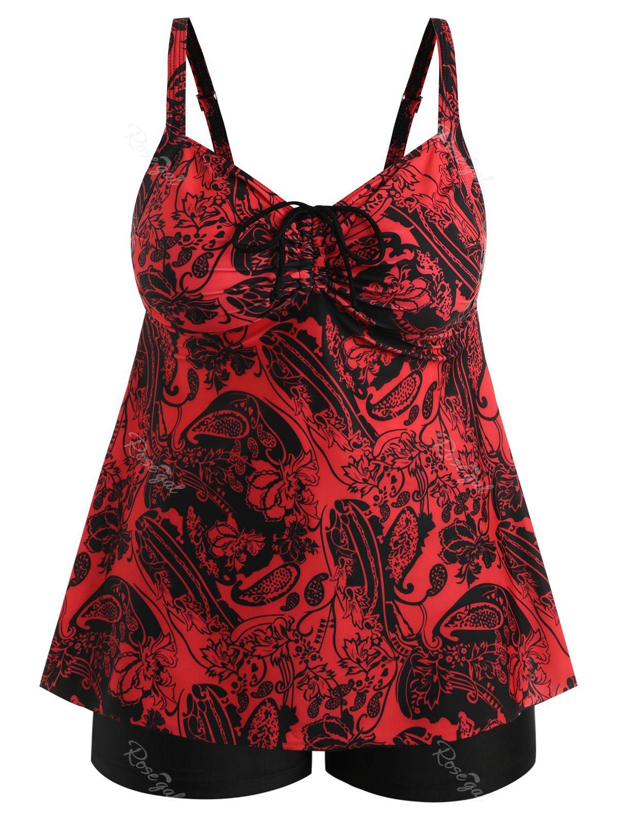 

Plus Size Paisley Flower Print Tankini Set, Red