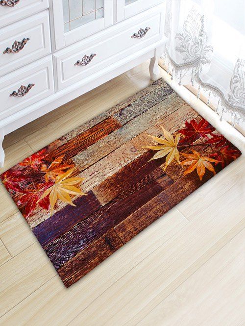

Wood Plank Maple Leaves Print Anti-skid Floor Rug, Wood color