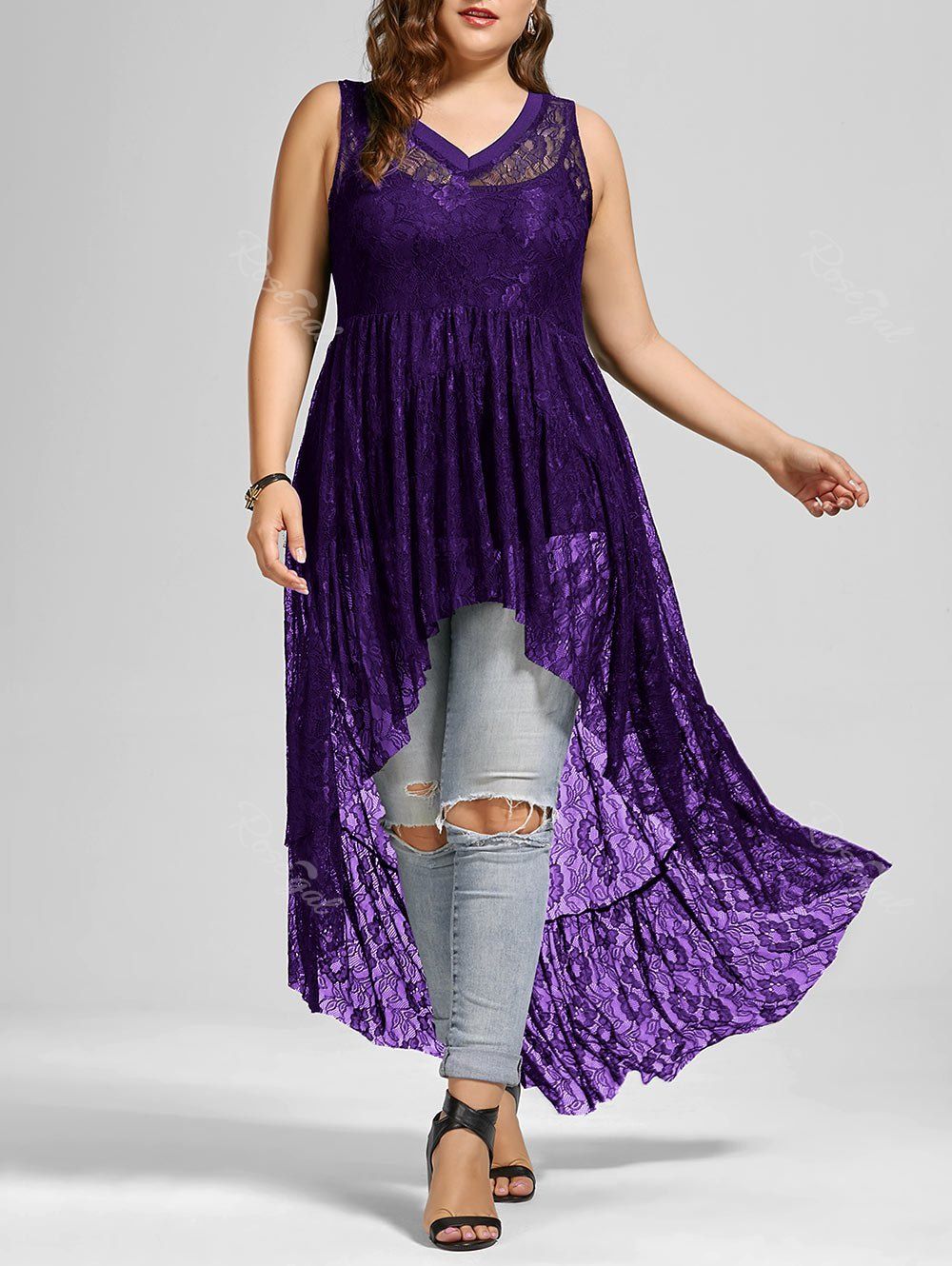 

Plus Size Floral Lace High Low Tank Top, Deep purple