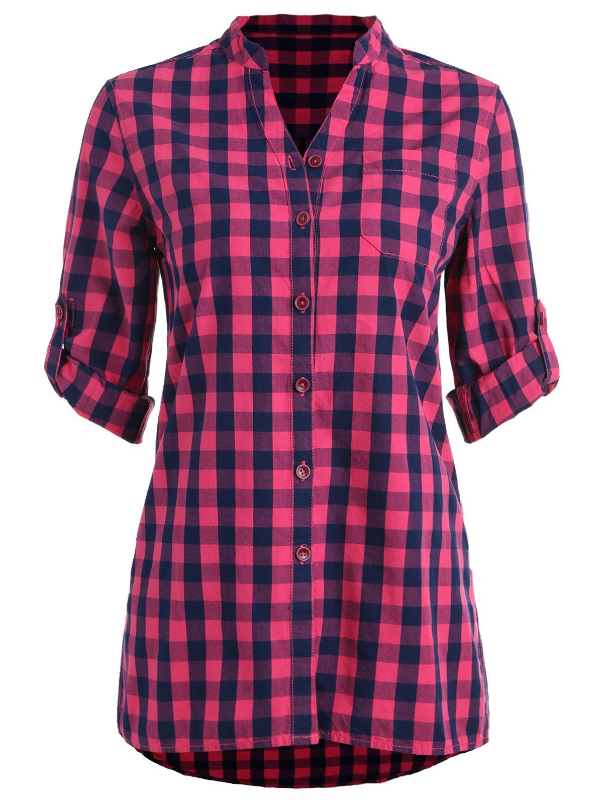 

Stand Collar Gingham Tunic Shirt, Rose red