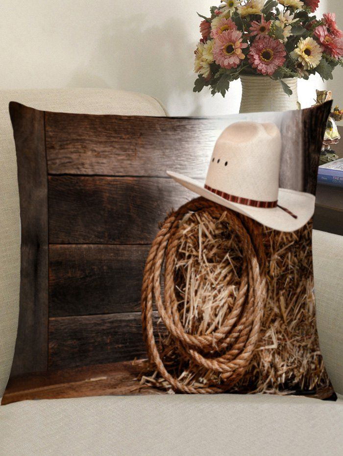 

Cowboy Hat Wood Plank Square Pillow Case, Brown