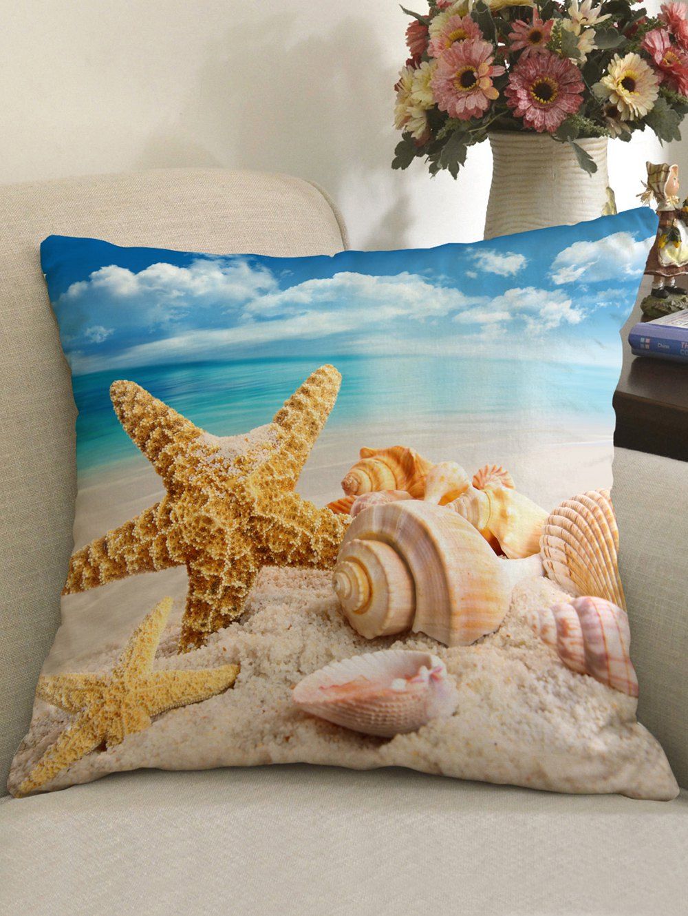 

Starfish Conch Beach Print Throw Pillow Case, Cloudy