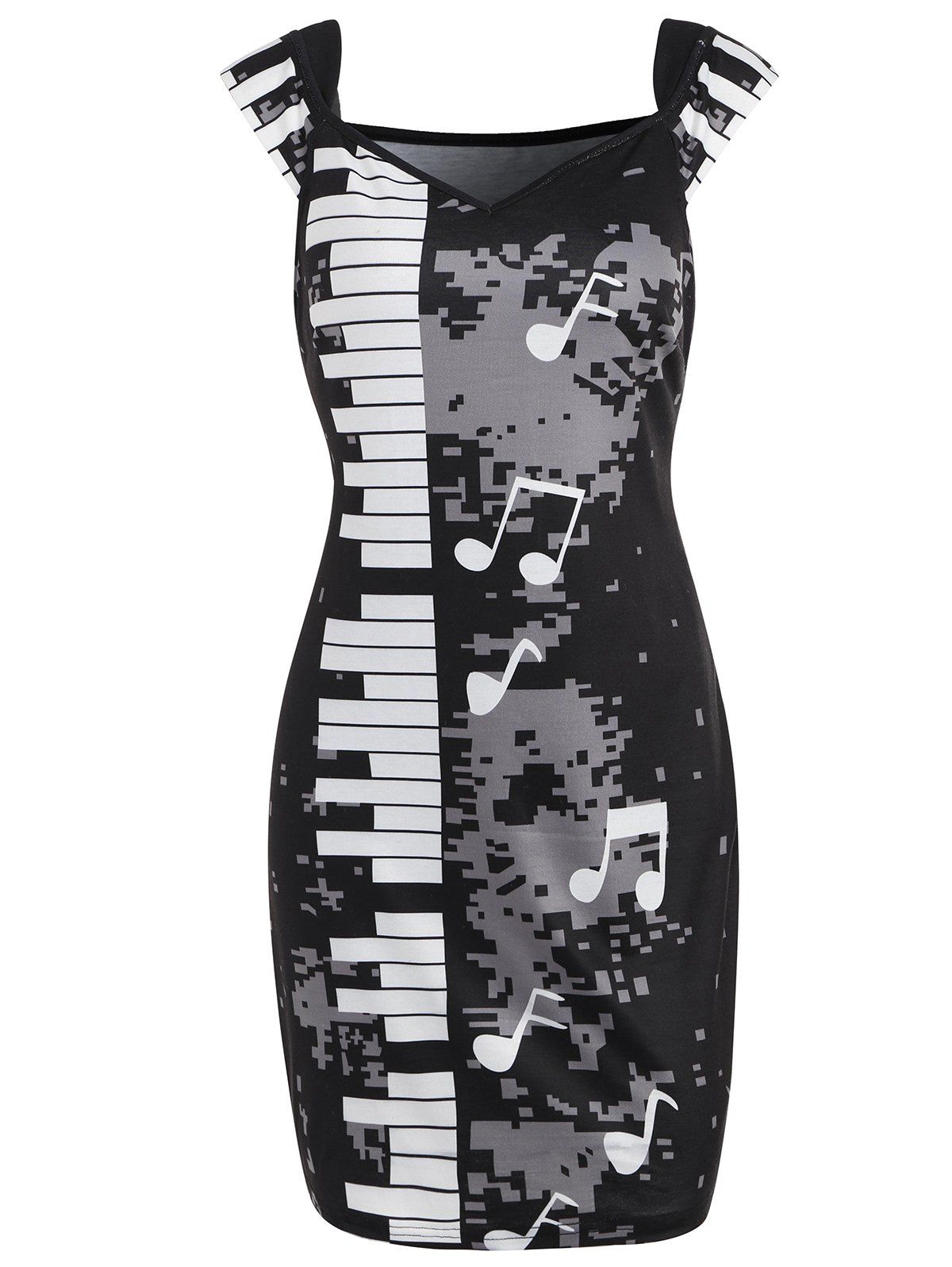 

Sweetheart Neck Music Note Print Bodycon Dress, Black