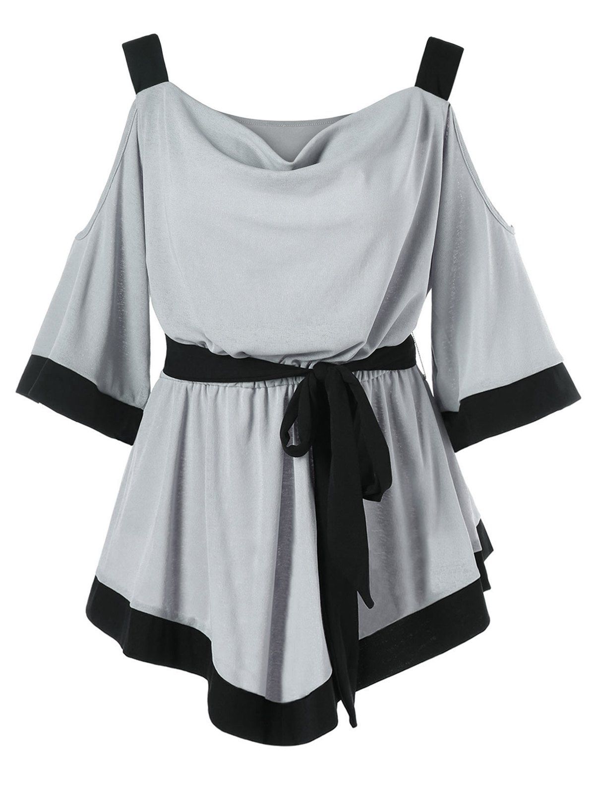 

Contrast Color Cold Shoulder Belted Top, Gray