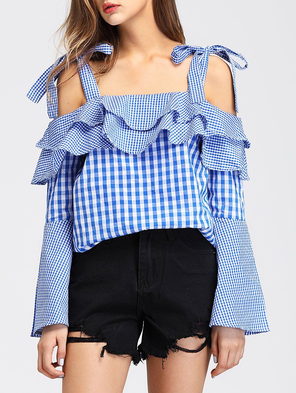 

Flare Sleeve Tartan Blouse, Blue