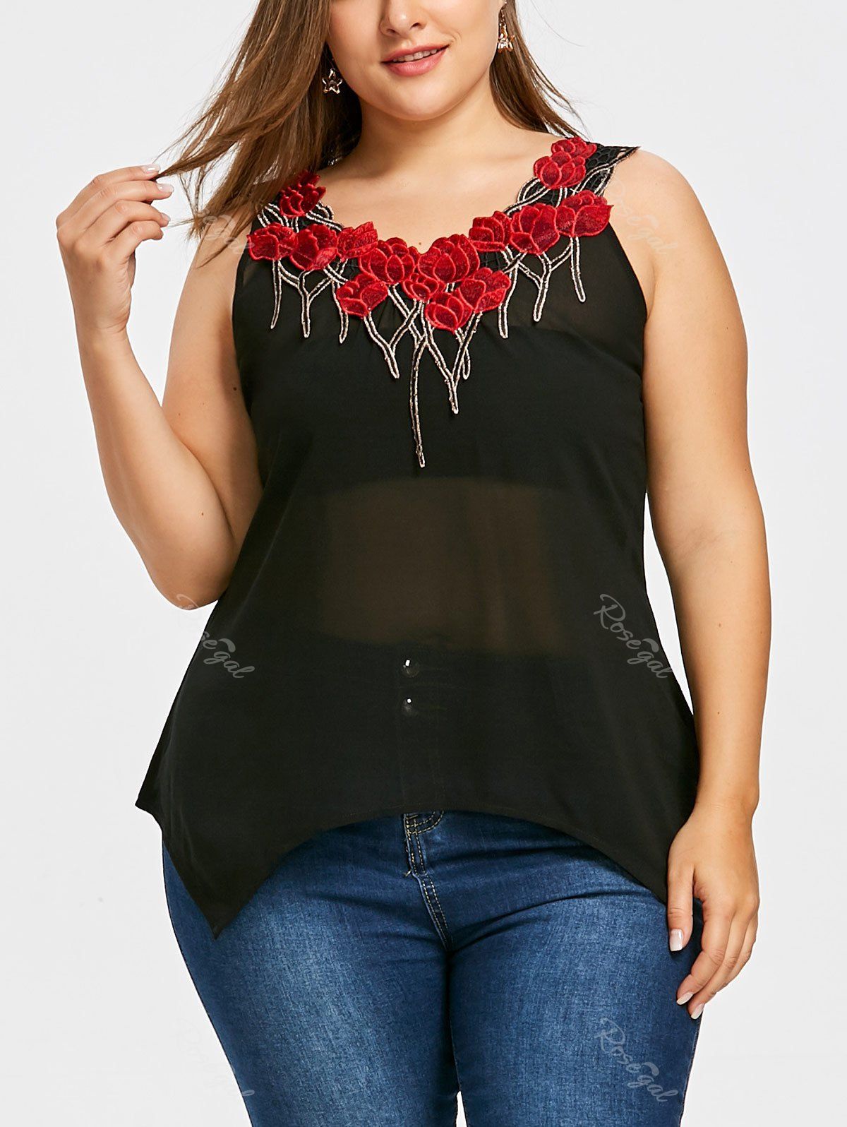 

Plus Size Floral Applique Hanky Tank Top, Black