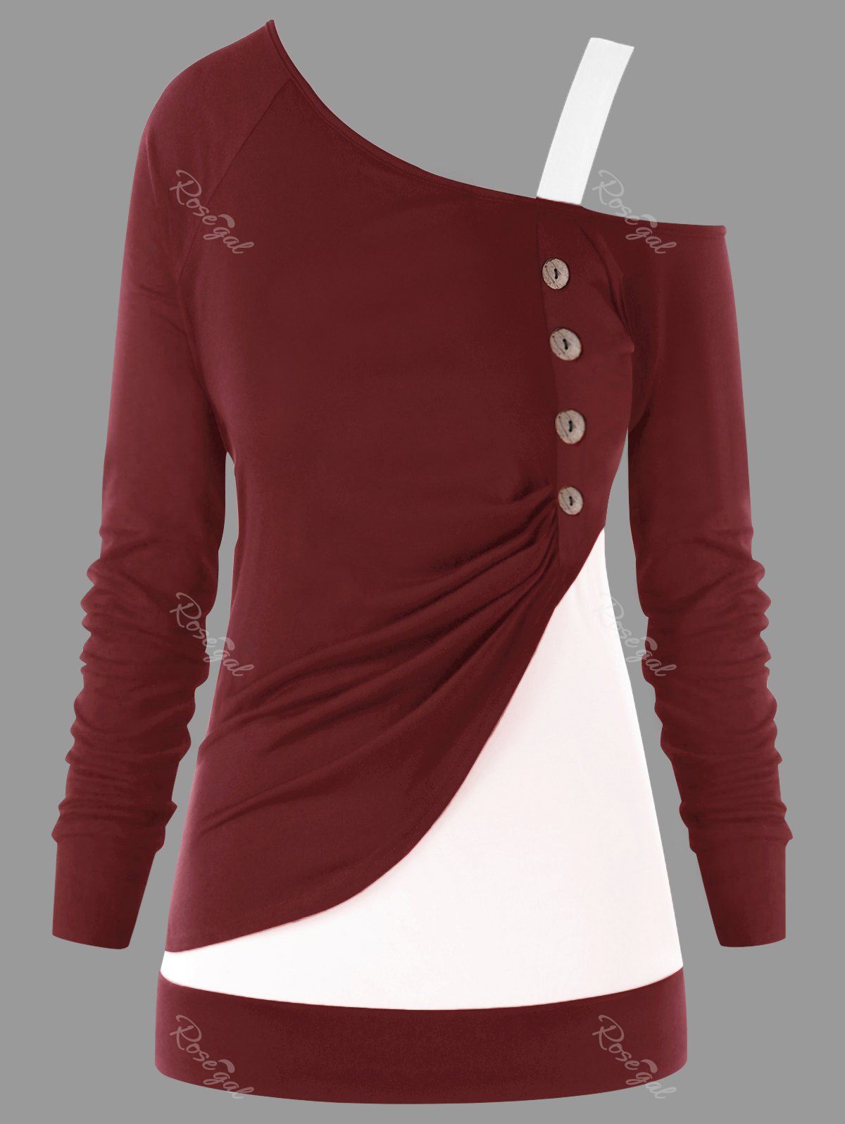 

Plus Size Color Block One Shoulder Top, Red with white
