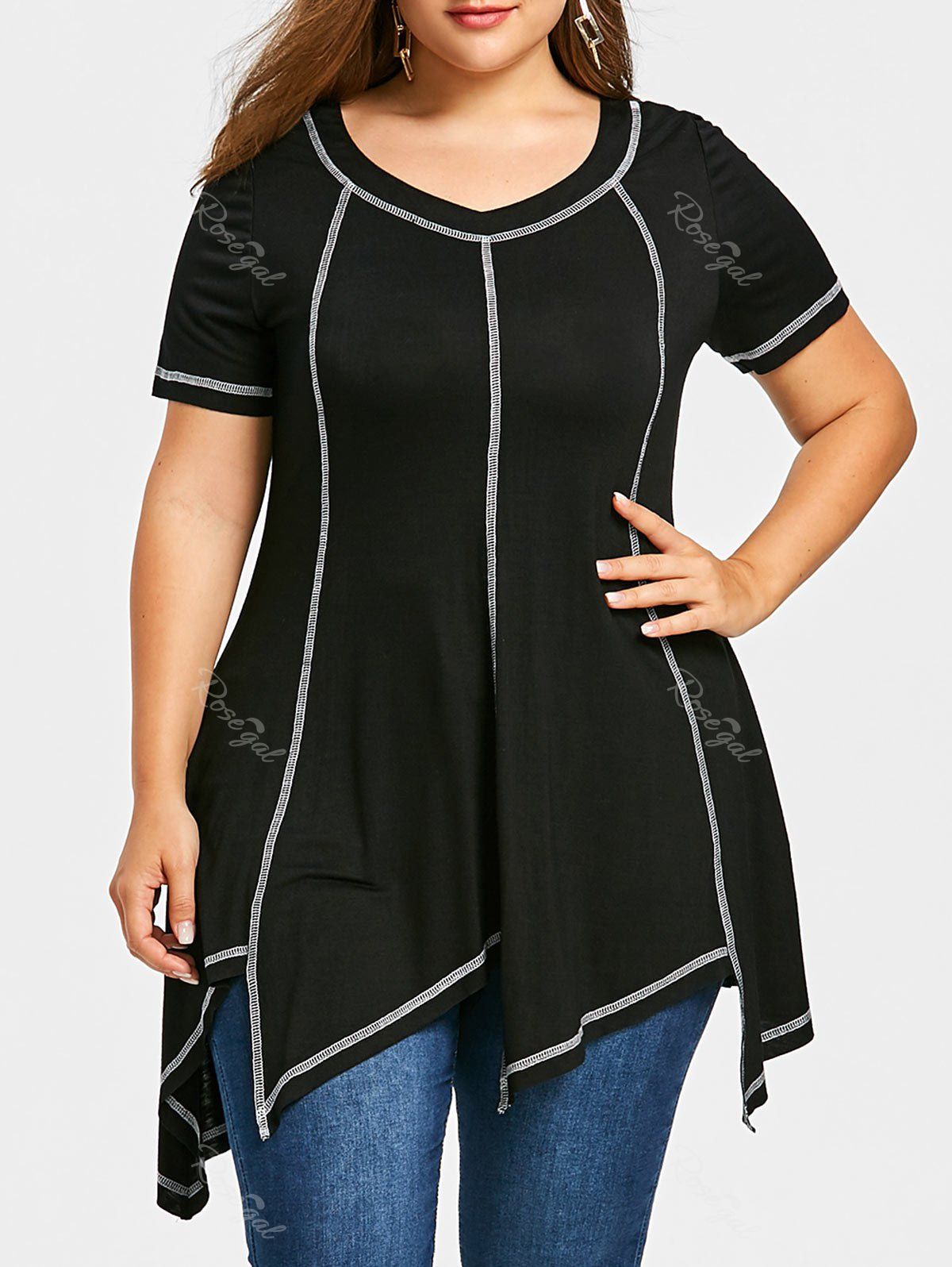 

Plus Size Contrast Stitches Asymmetric Longline T-shirt, Black