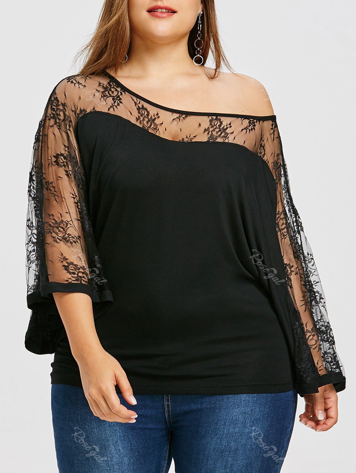 

Plus Size Lace Trim Skew Collar Blouse, Black