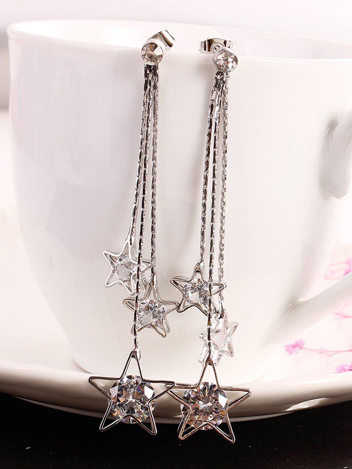 

Long Chain Star Fringed Faux Diamond Dangle Earrings, Silver