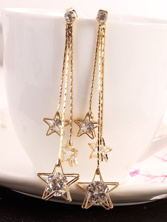 

Long Chain Star Fringed Faux Diamond Dangle Earrings, Golden