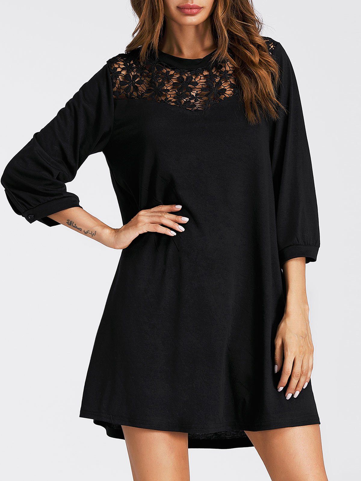 

Lace Panel Three Quarter Sleeve Mini Dress, Black