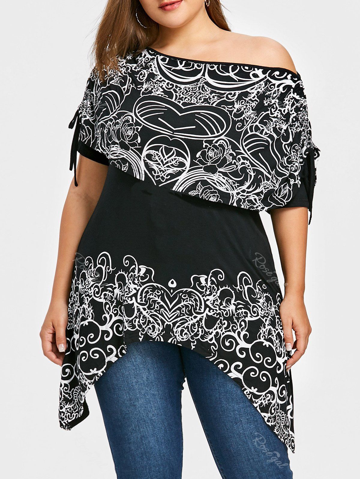 

Plus Size Floral Skew Collar Capelet T-shirt, Black