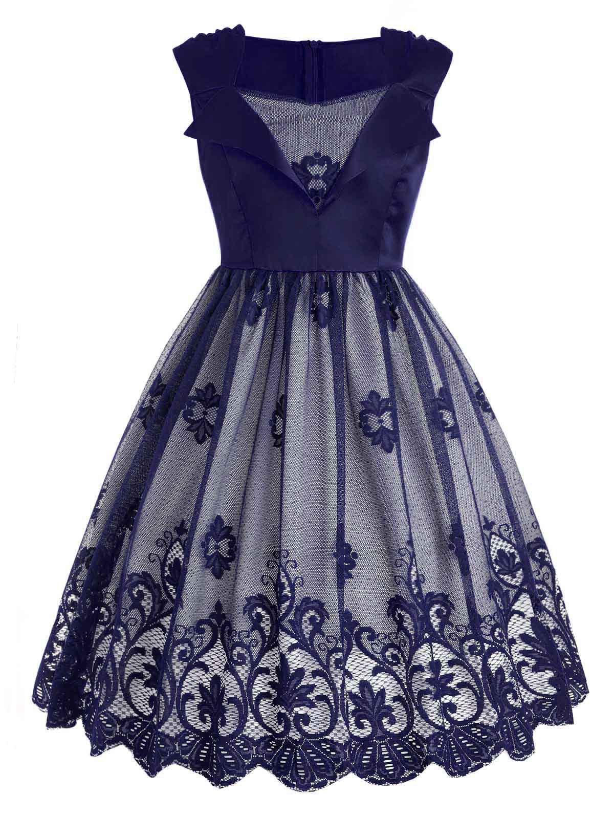 

Lace Panel Sleeveless Vintage Dress, Dark slate blue