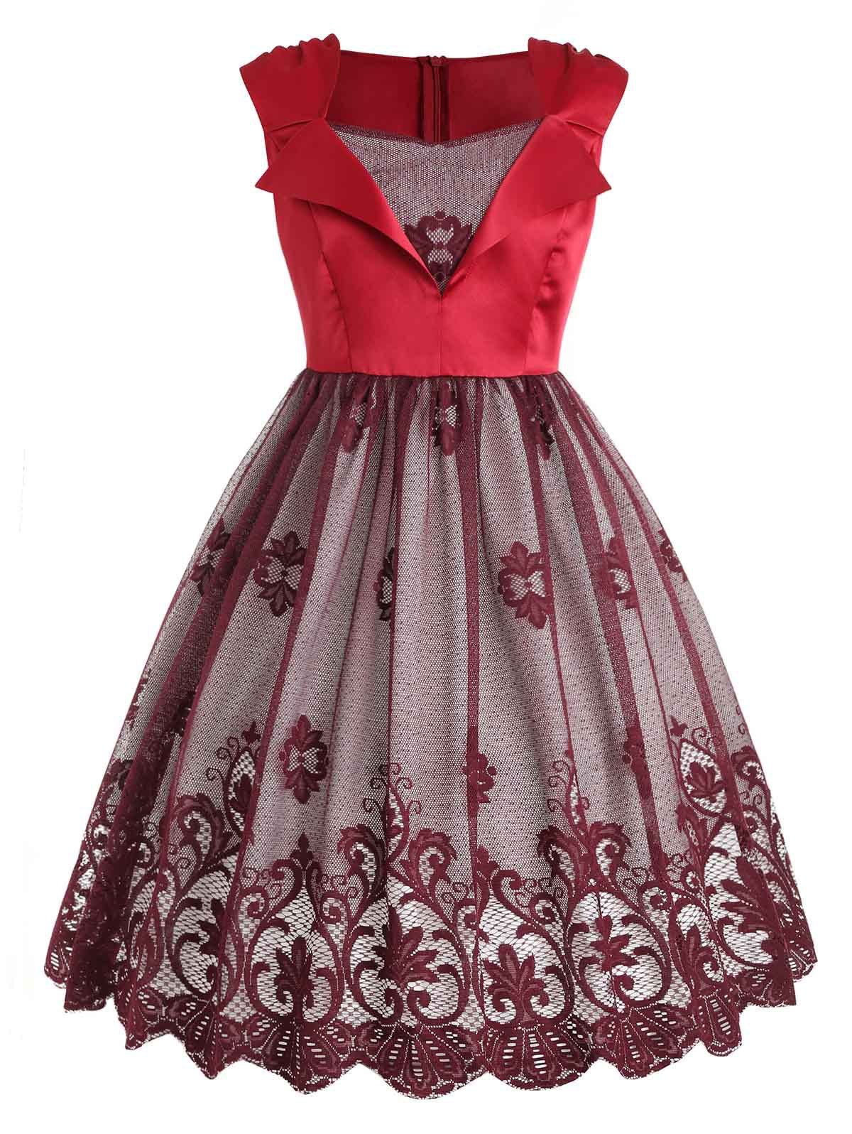 

Lace Panel Sleeveless Vintage Dress, Red