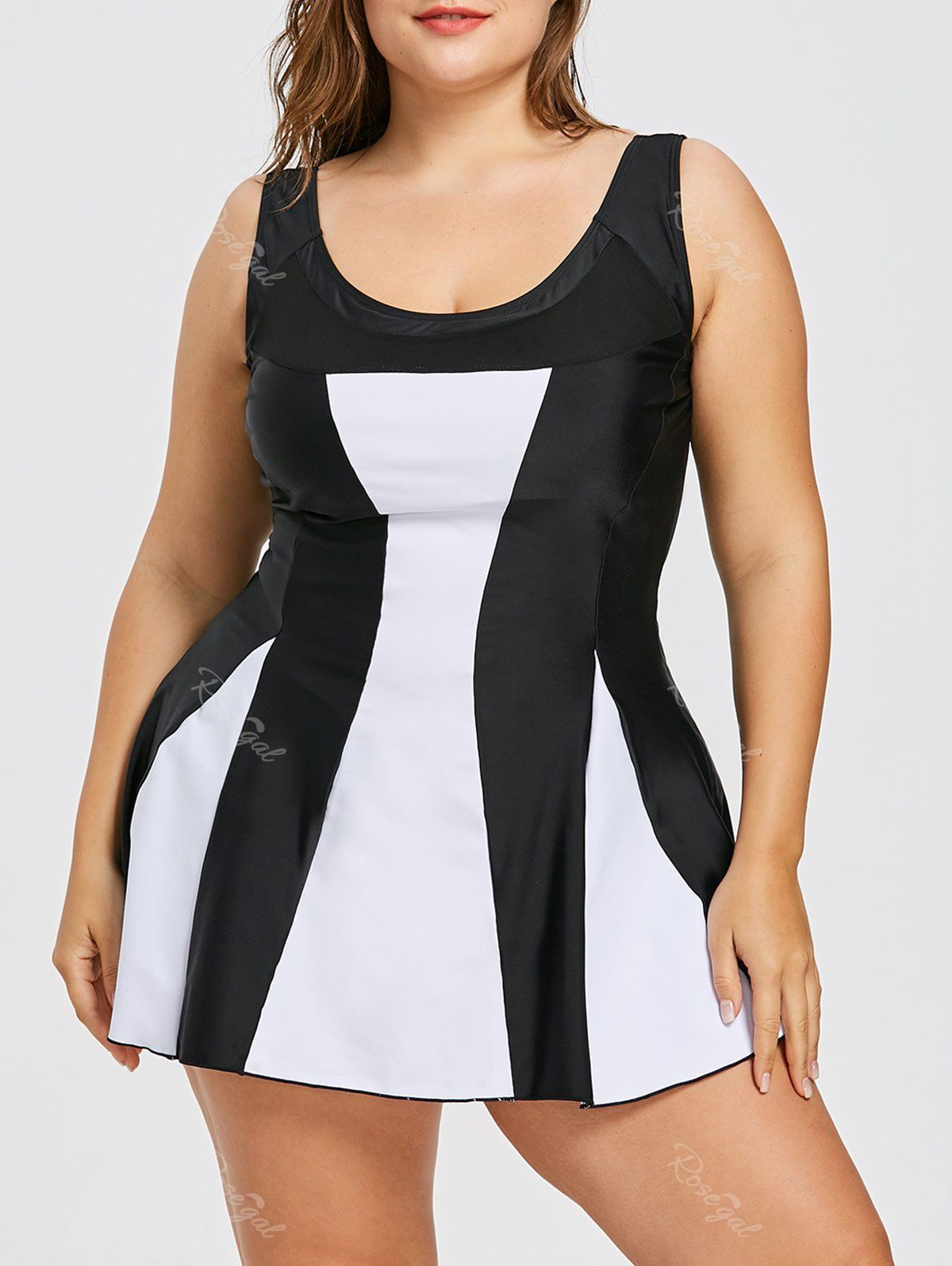 

Monochrome Plus Size Swimdress Suit, Black stripe
